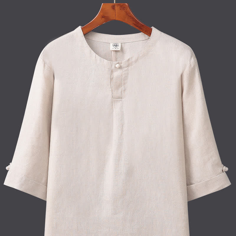 Buddha Stones Chemise homme minimaliste printemps-été en lin uni à manches trois-quarts, boutonnée, à boutons. - image 1