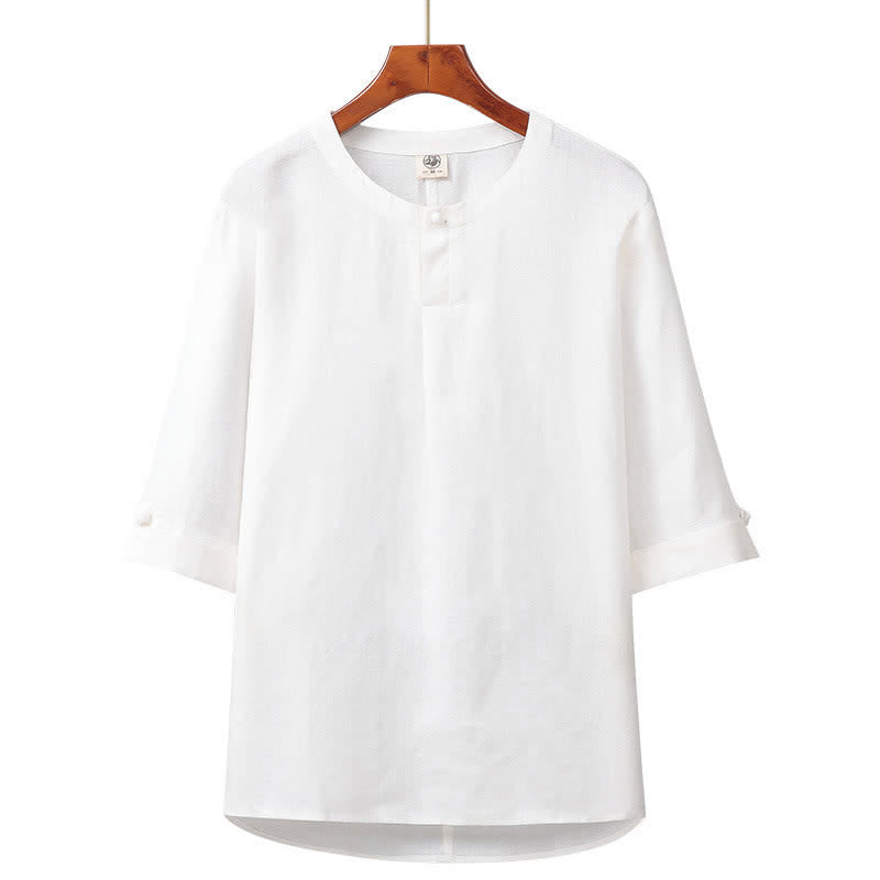 Buddha Stones Chemise homme minimaliste printemps-été en lin uni à manches trois-quarts, boutonnée, à boutons. - Blanc - US/UK/AU42，EU52 (3XL) - image 9