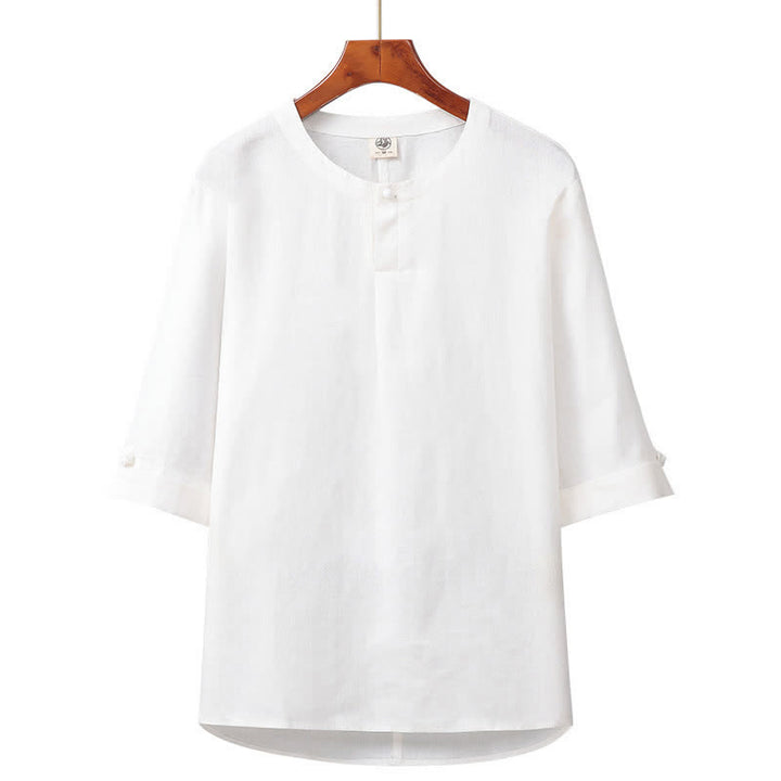 Buddha Stones Chemise homme minimaliste printemps-été en lin uni à manches trois-quarts, boutonnée, à boutons. - Blanc - US/UK/AU42，EU52 (3XL) - image 9