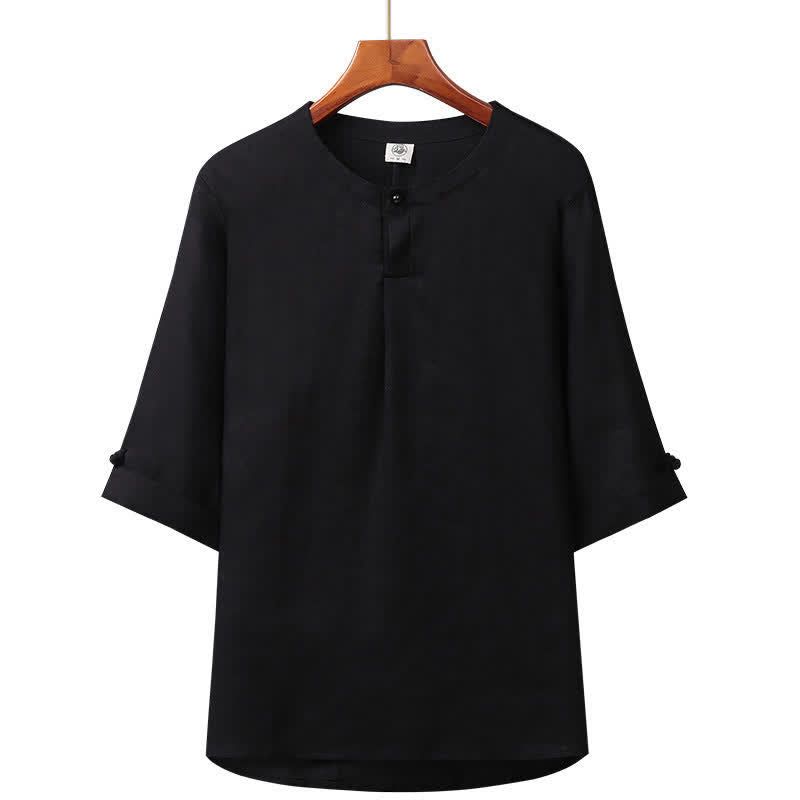 Buddha Stones Chemise homme minimaliste printemps-été en lin uni à manches trois-quarts, boutonnée, à boutons. - Noir - US/UK/AU42，EU52 (3XL) - image 6