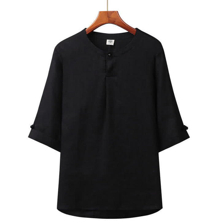 Buddha Stones Chemise homme minimaliste printemps-été en lin uni à manches trois-quarts, boutonnée, à boutons. - Noir - US/UK/AU42，EU52 (3XL) - image 6