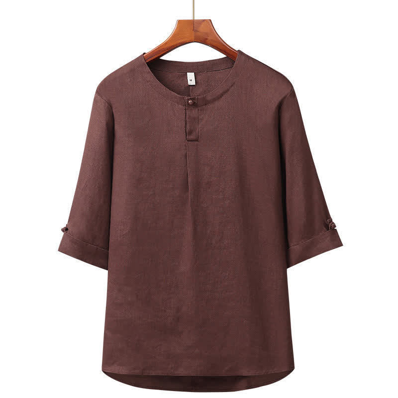 Buddha Stones Chemise homme minimaliste printemps-été en lin uni à manches trois-quarts, boutonnée, à boutons. - SaddleBrown - US/UK/AU42，EU52 (3XL) - image 7