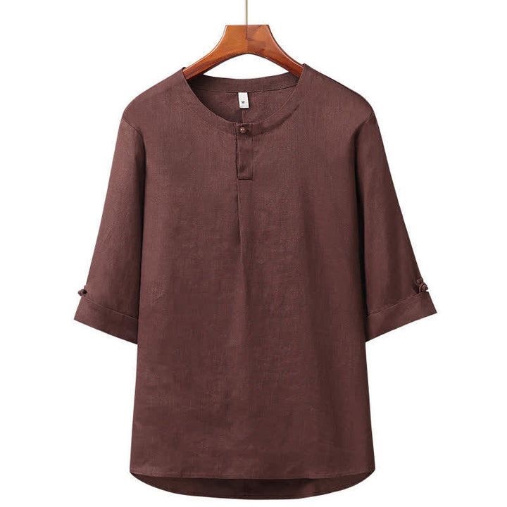 Buddha Stones Chemise homme minimaliste printemps-été en lin uni à manches trois-quarts, boutonnée, à boutons. - SaddleBrown - US/UK/AU42，EU52 (3XL) - image 7