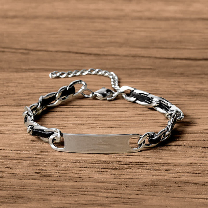 Buddha Stones Bracelet cubain renforcé en cuir tressé avec incrustation de chaîne et plaque de barre en cuir tressé - Cuir (Tour de poignet : 17-22 cm) - image 0