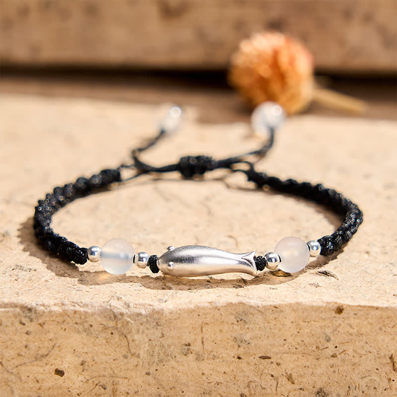 Buddha Stones Bracelet de protection en argent sterling 999 avec motif de carpe koï et agate blanche tressée. - Poisson Koi (Tour de poignet 14-18 cm) - Argent sterling 999 - image 0