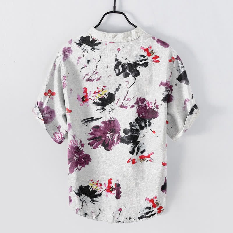 Buddha Stones Chemise homme à manches courtes et demi-boutons, motif lotus aquarelle violet en coton - image 1