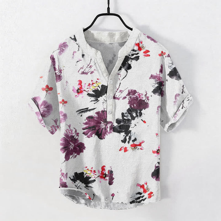 Buddha Stones Chemise homme à manches courtes et demi-boutons, motif lotus aquarelle violet en coton - Blanc - US/UK/AU50，EU60 (5XL) - image 0