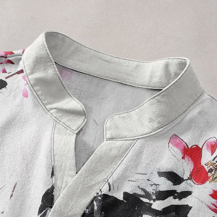 Buddha Stones Chemise homme à manches courtes et demi-boutons, motif lotus aquarelle violet en coton - image 2