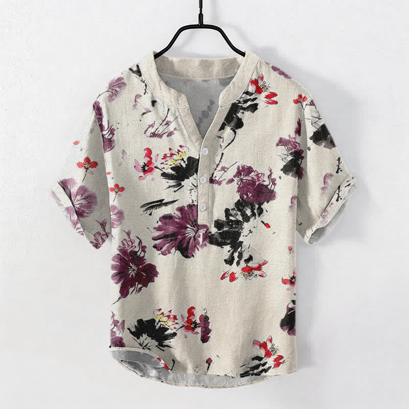 Buddha Stones Chemise homme à manches courtes et demi-boutons, motif lotus aquarelle violet en coton - Lin - US/UK/AU50，EU60 (5XL) - image 3