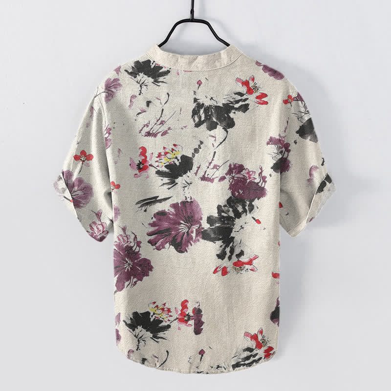 Buddha Stones Chemise homme à manches courtes et demi-boutons, motif lotus aquarelle violet en coton - image 4