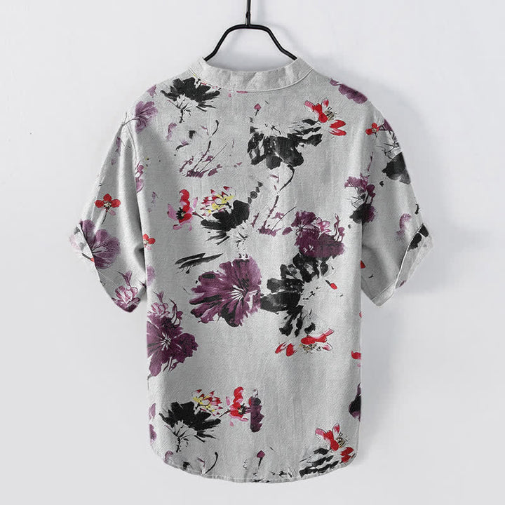 Buddha Stones Chemise homme à manches courtes et demi-boutons, motif lotus aquarelle violet en coton - image 6