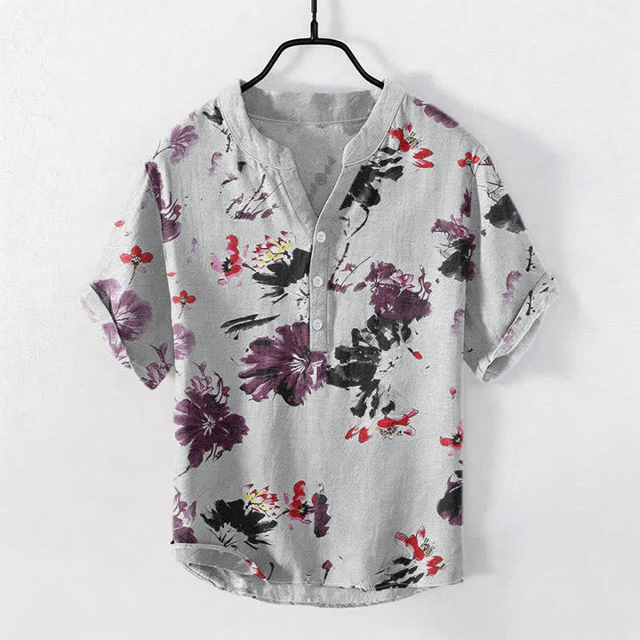 Buddha Stones Chemise homme à manches courtes et demi-boutons, motif lotus aquarelle violet en coton - Gris clair - US/UK/AU50，EU60 (5XL) - image 5