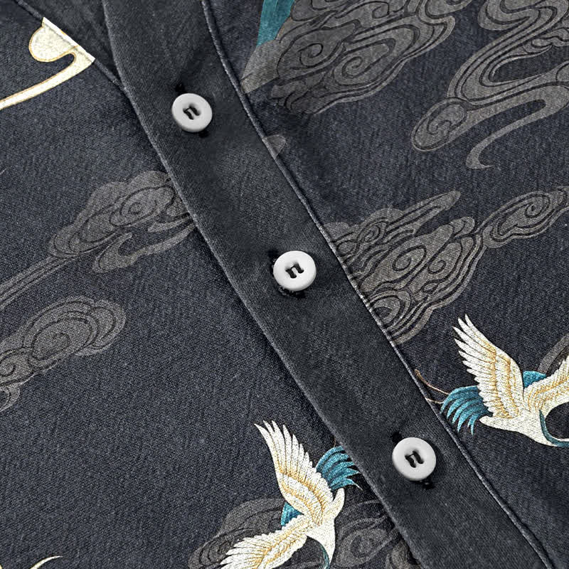 Buddha Stones Chemise homme à manches courtes et demi-boutonnée en coton à motif grues, vagues et nuages - image 3