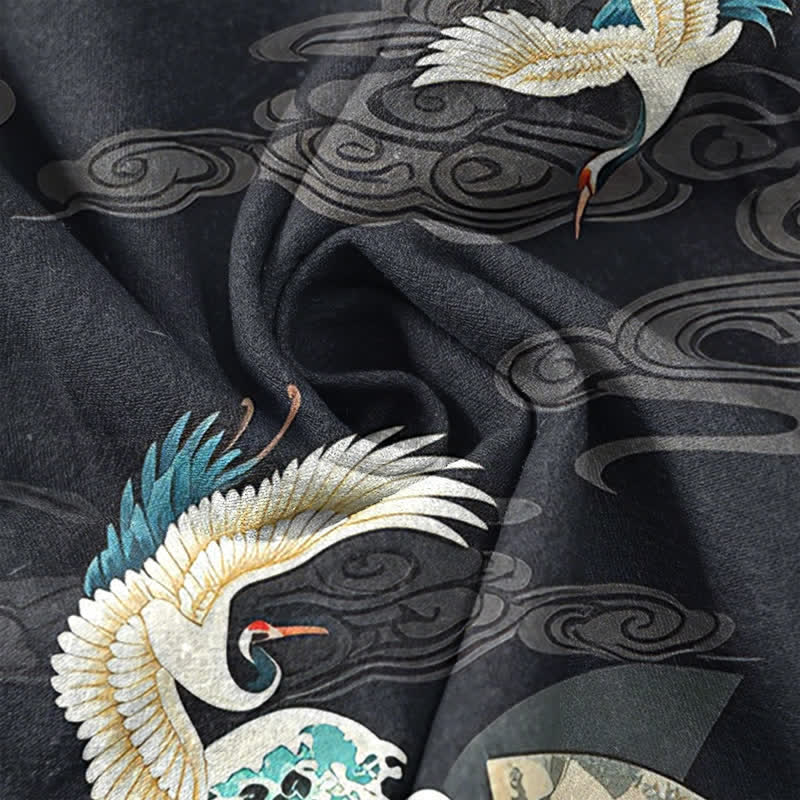 Buddha Stones Chemise homme à manches courtes et demi-boutonnée en coton à motif grues, vagues et nuages - image 4