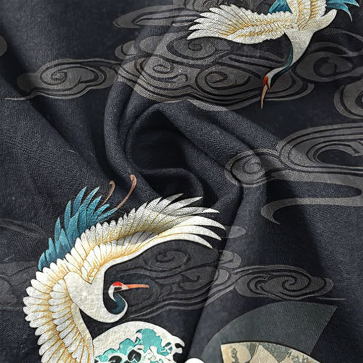 Buddha Stones Chemise homme à manches courtes et demi-boutonnée en coton à motif grues, vagues et nuages - image 4