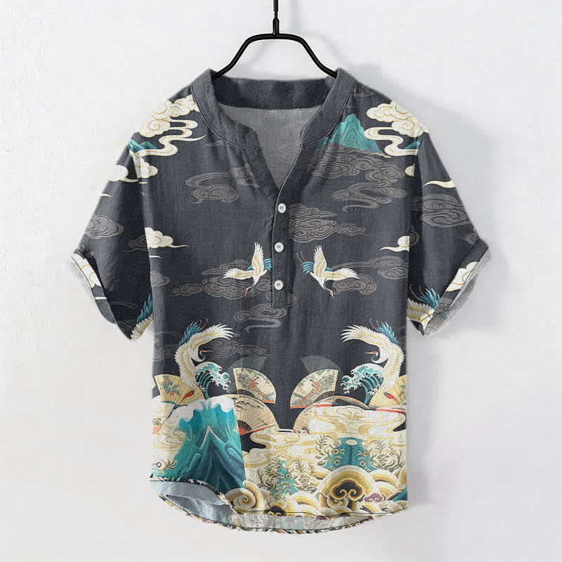 Buddha Stones Chemise homme à manches courtes et demi-boutonnée en coton à motif grues, vagues et nuages - Gris terne - US/UK/AU50，EU60 (5XL) - image 0
