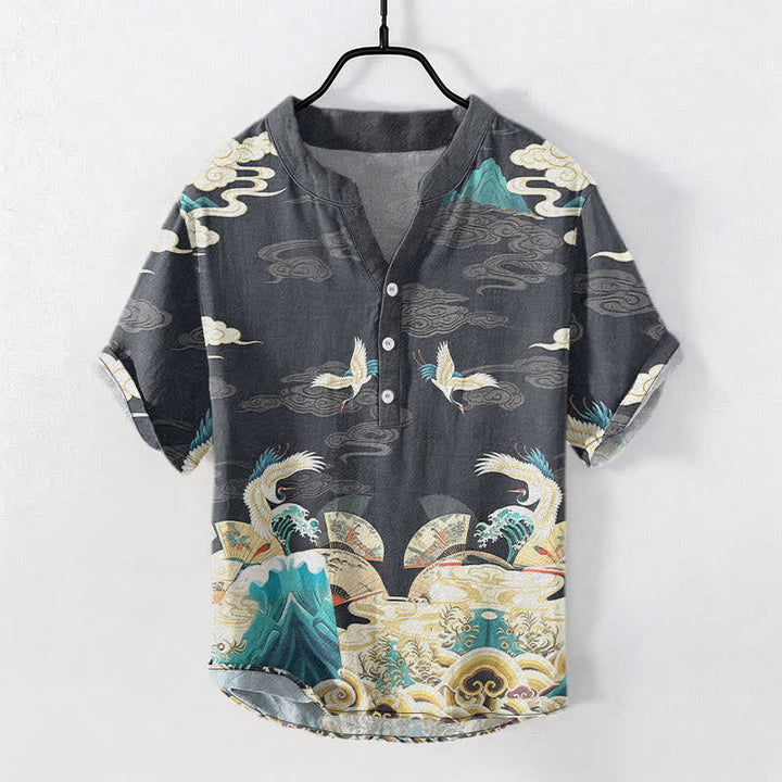 Buddha Stones Chemise homme à manches courtes et demi-boutonnée en coton à motif grues, vagues et nuages - Gris terne - US/UK/AU50，EU60 (5XL) - image 0
