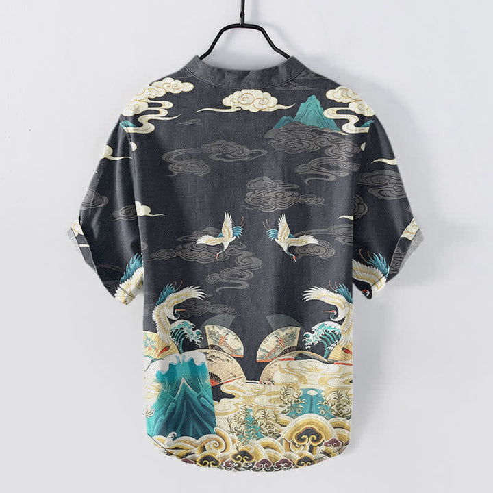 Buddha Stones Chemise homme à manches courtes et demi-boutonnée en coton à motif grues, vagues et nuages - image 1