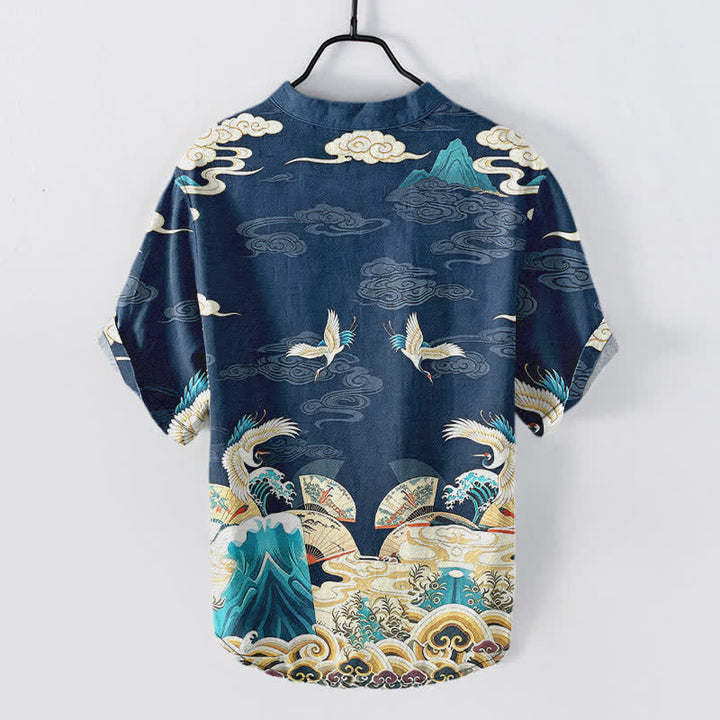 Buddha Stones Chemise homme à manches courtes et demi-boutonnée en coton à motif grues, vagues et nuages - image 6