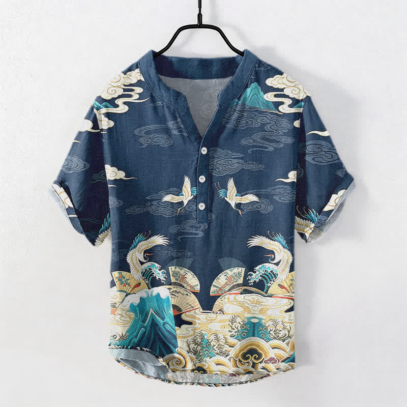 Buddha Stones Chemise homme à manches courtes et demi-boutonnée en coton à motif grues, vagues et nuages - Marine - US/UK/AU50，EU60 (5XL) - image 5