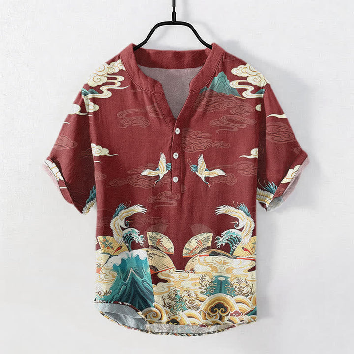 Buddha Stones Chemise homme à manches courtes et demi-boutonnée en coton à motif grues, vagues et nuages - Bordeaux - US/UK/AU50，EU60 (5XL) - image 7