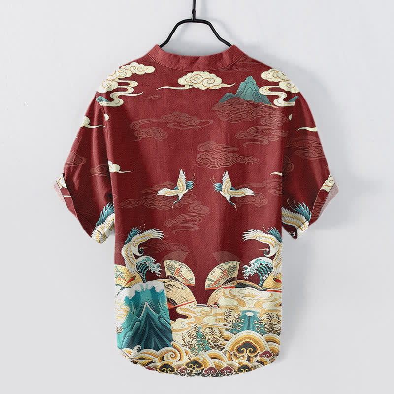 Buddha Stones Chemise homme à manches courtes et demi-boutonnée en coton à motif grues, vagues et nuages - image 8