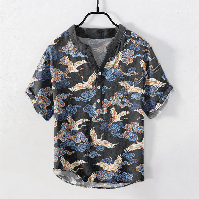 Buddha Stones Chemise homme à manches courtes et demi-boutonnée en coton à motif de grues et de nuages ​​orientaux - Gris foncé - US/UK/AU50，EU60 (5XL) - image 0