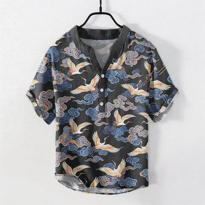 Buddha Stones Chemise homme à manches courtes et demi-boutonnée en coton à motif de grues et de nuages ​​orientaux - Gris foncé - US/UK/AU50，EU60 (5XL) - image 0