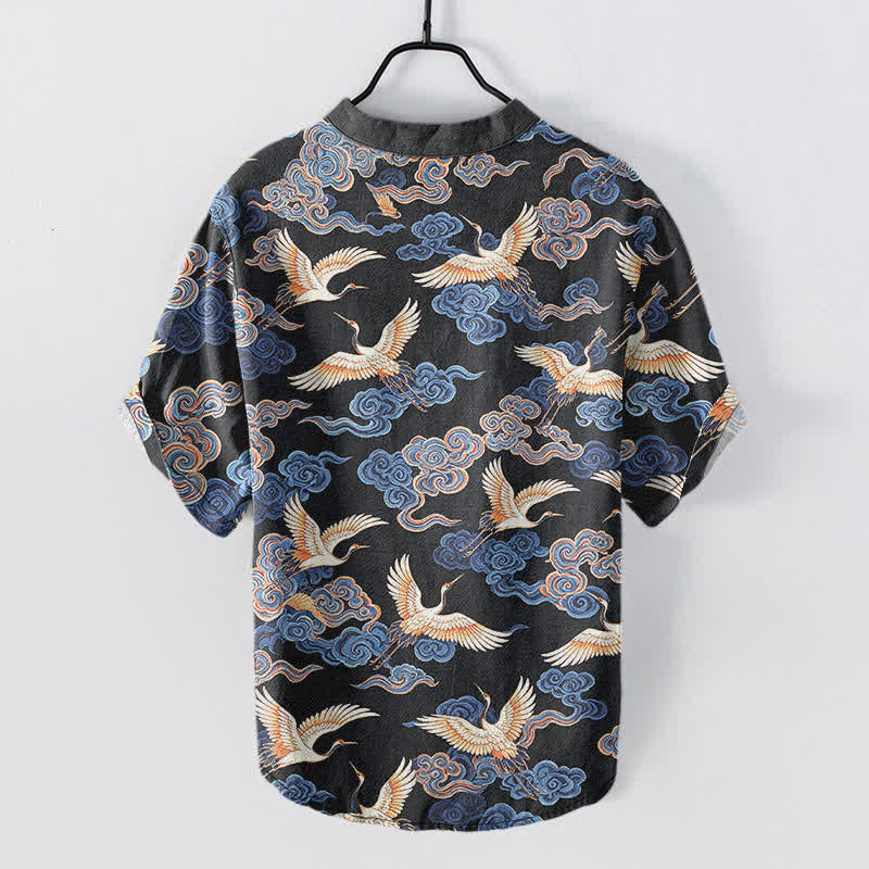 Buddha Stones Chemise homme à manches courtes et demi-boutonnée en coton à motif de grues et de nuages ​​orientaux - image 1