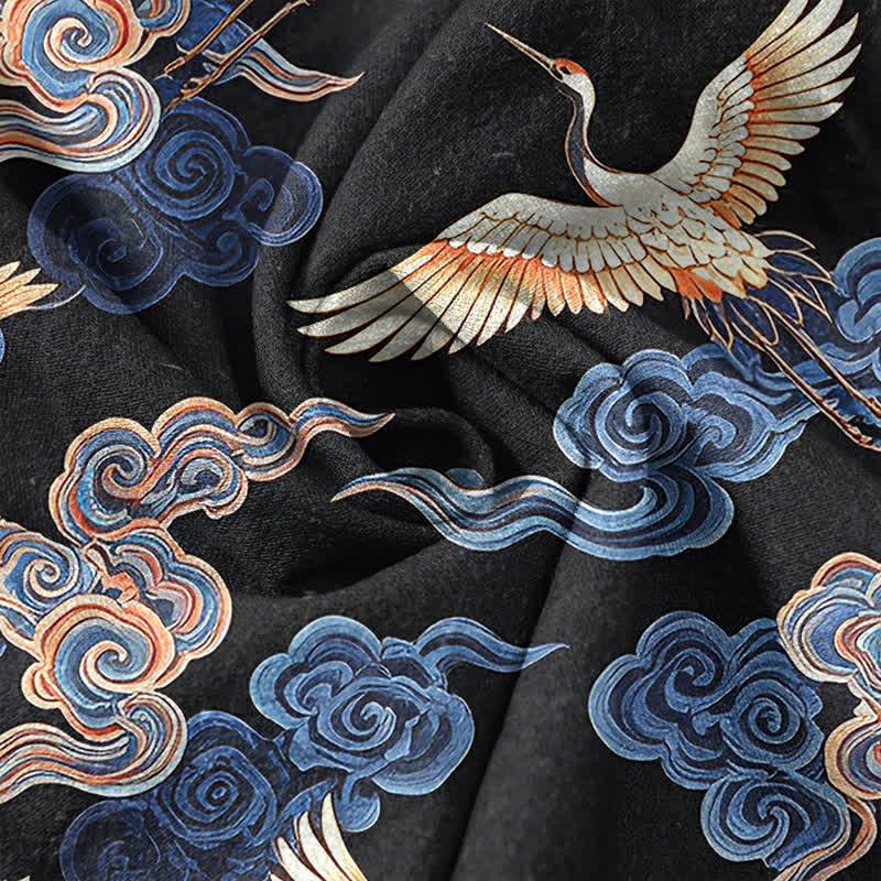 Buddha Stones Chemise homme à manches courtes et demi-boutonnée en coton à motif de grues et de nuages ​​orientaux - image 4