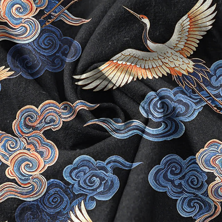 Buddha Stones Chemise homme à manches courtes et demi-boutonnée en coton à motif de grues et de nuages ​​orientaux - image 4
