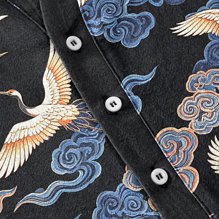 Buddha Stones Chemise homme à manches courtes et demi-boutonnée en coton à motif de grues et de nuages ​​orientaux - image 3
