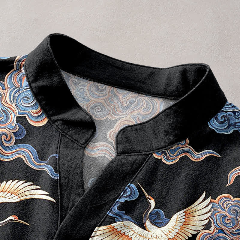 Buddha Stones Chemise homme à manches courtes et demi-boutonnée en coton à motif de grues et de nuages ​​orientaux - image 2