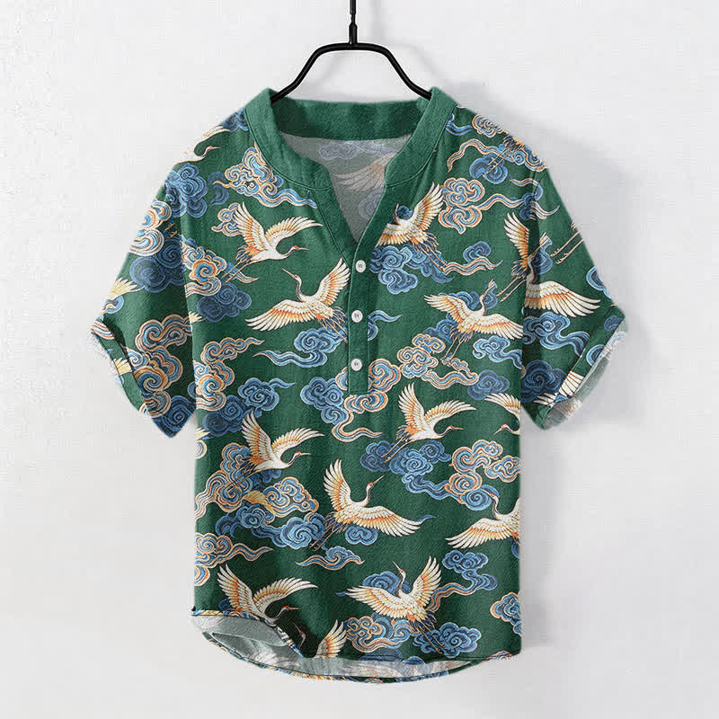 Buddha Stones Chemise homme à manches courtes et demi-boutonnée en coton à motif de grues et de nuages ​​orientaux - Vert forêt - US/UK/AU50，EU60 (5XL) - image 5