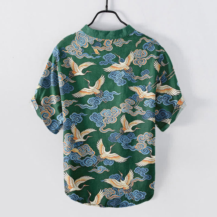 Buddha Stones Chemise homme à manches courtes et demi-boutonnée en coton à motif de grues et de nuages ​​orientaux - image 6