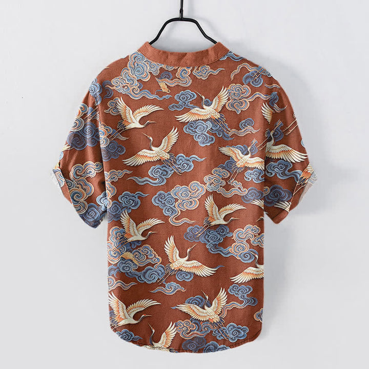 Buddha Stones Chemise homme à manches courtes et demi-boutonnée en coton à motif de grues et de nuages ​​orientaux - image 8