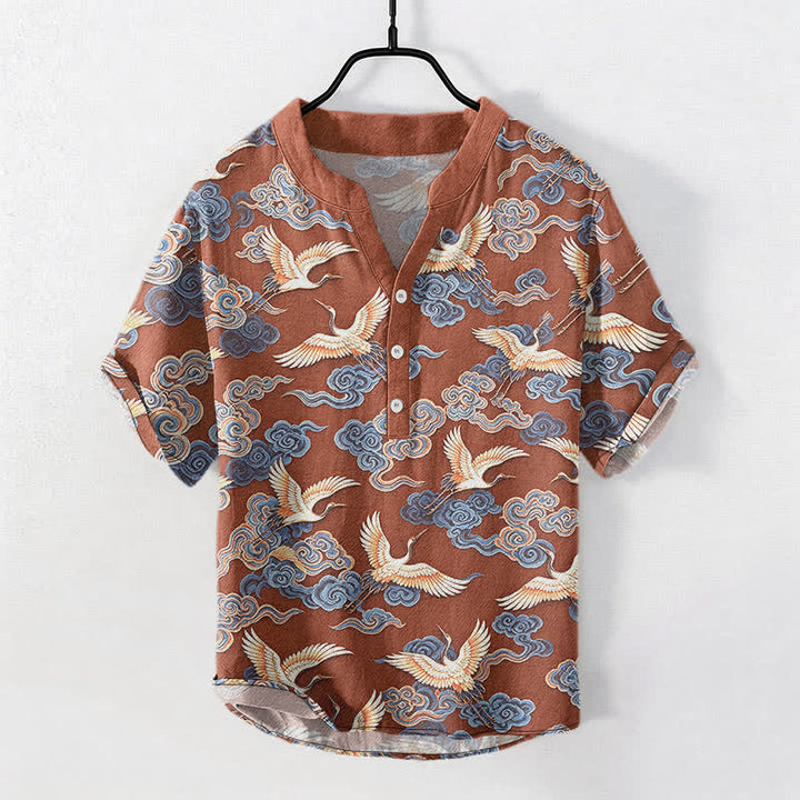 Buddha Stones Chemise homme à manches courtes et demi-boutonnée en coton à motif de grues et de nuages ​​orientaux - Terre de sienne - US/UK/AU50，EU60 (5XL) - image 7