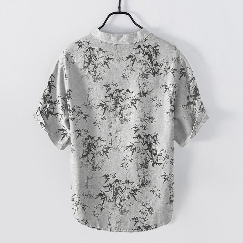 Buddha Stones Chemise homme à manches courtes et demi-boutonnages, motif feuilles de bambou en coton - image 1