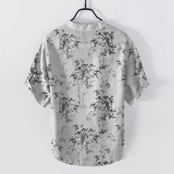 Buddha Stones Chemise homme à manches courtes et demi-boutonnages, motif feuilles de bambou en coton - image 1
