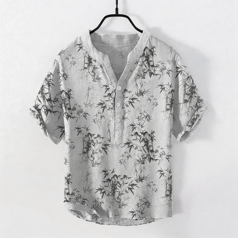 Buddha Stones Chemise homme à manches courtes et demi-boutonnages, motif feuilles de bambou en coton - Gainsboro - US/UK/AU50，EU60 (5XL) - image 0