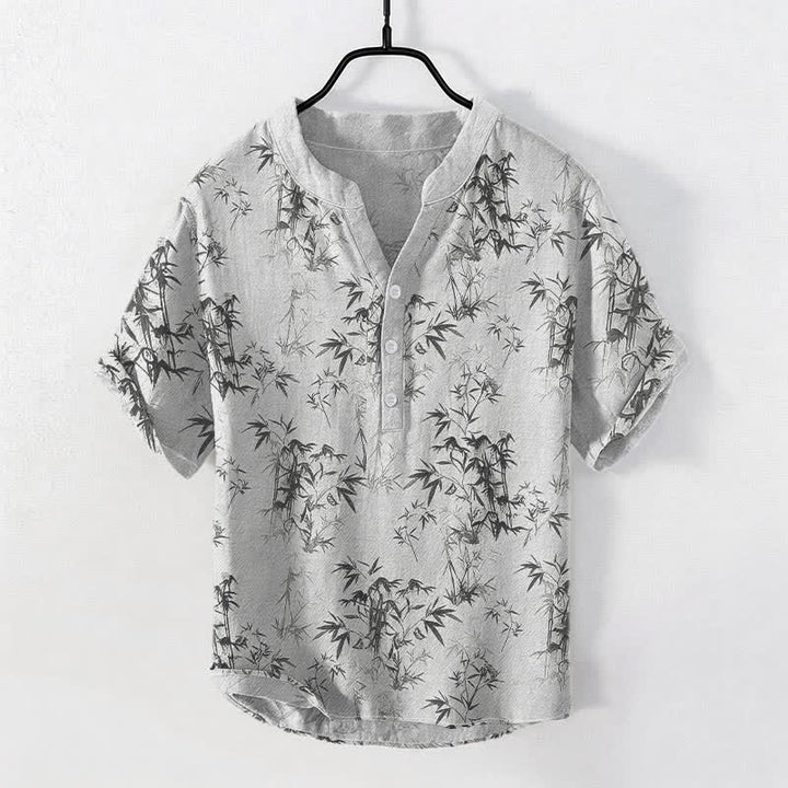Buddha Stones Chemise homme à manches courtes et demi-boutonnages, motif feuilles de bambou en coton - Gainsboro - US/UK/AU50，EU60 (5XL) - image 0