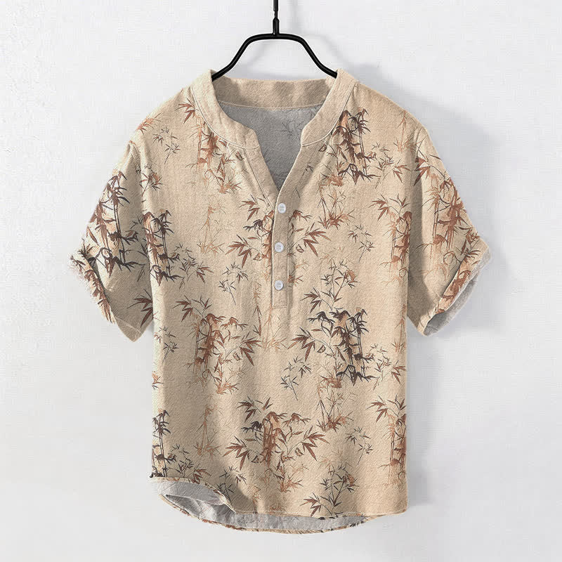 Buddha Stones Chemise homme à manches courtes et demi-boutonnages, motif feuilles de bambou en coton - Blé - US/UK/AU50，EU60 (5XL) - image 3