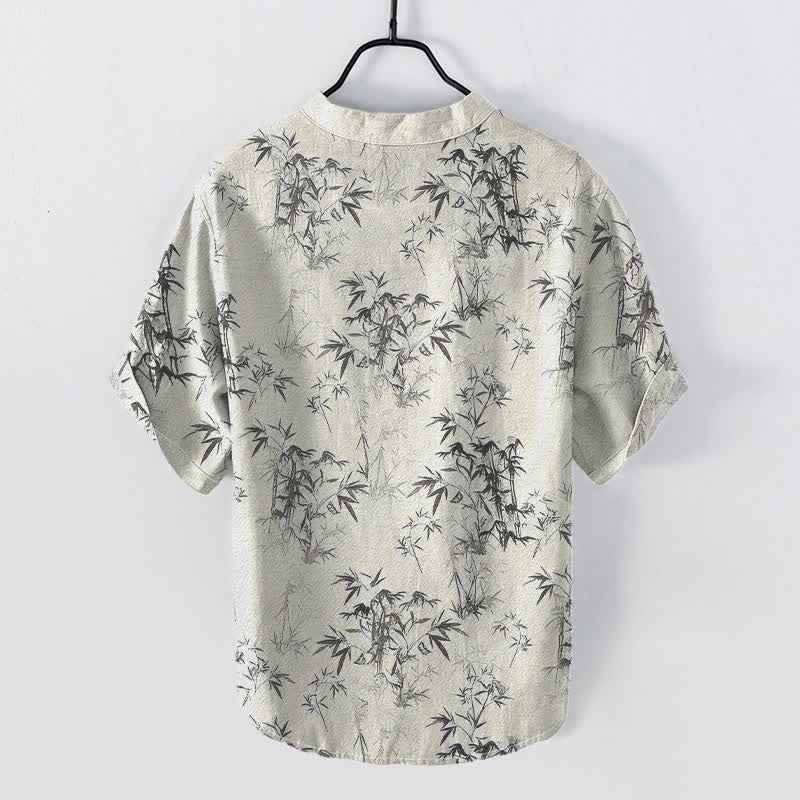 Buddha Stones Chemise homme à manches courtes et demi-boutonnages, motif feuilles de bambou en coton - image 6