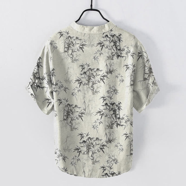 Buddha Stones Chemise homme à manches courtes et demi-boutonnages, motif feuilles de bambou en coton - image 6