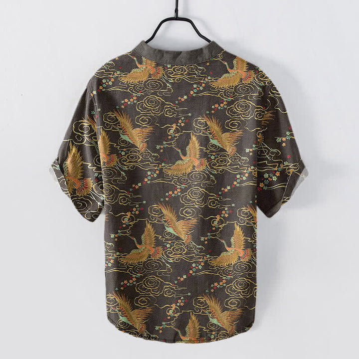 Buddha Stones Chemise homme à manches courtes et demi-boutonnée en coton à motif de grues dorées et de nuages - image 1