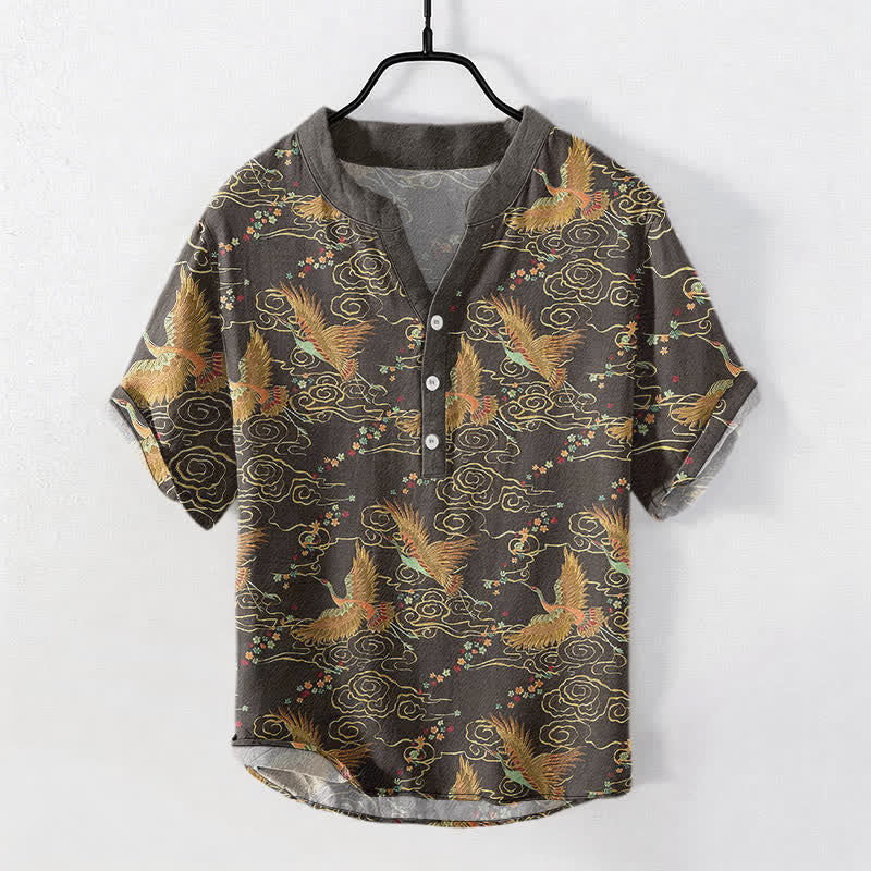 Buddha Stones Chemise homme à manches courtes et demi-boutonnée en coton à motif de grues dorées et de nuages - Gris terne - US/UK/AU50，EU60 (5XL) - image 0