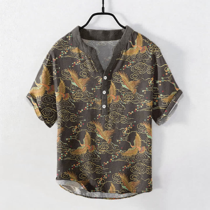 Buddha Stones Chemise homme à manches courtes et demi-boutonnée en coton à motif de grues dorées et de nuages - Gris terne - US/UK/AU50，EU60 (5XL) - image 0