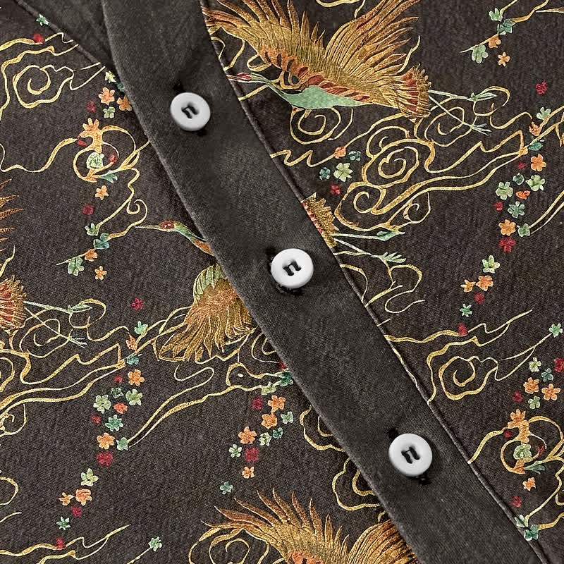 Buddha Stones Chemise homme à manches courtes et demi-boutonnée en coton à motif de grues dorées et de nuages - image 3