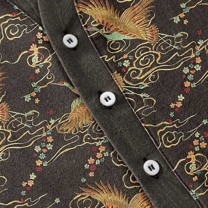 Buddha Stones Chemise homme à manches courtes et demi-boutonnée en coton à motif de grues dorées et de nuages - image 3