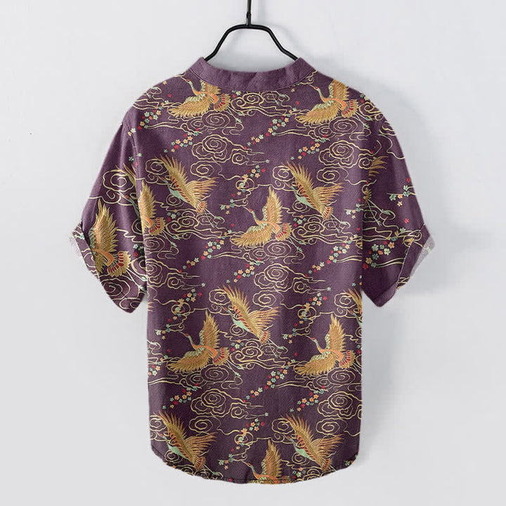 Buddha Stones Chemise homme à manches courtes et demi-boutonnée en coton à motif de grues dorées et de nuages - image 6